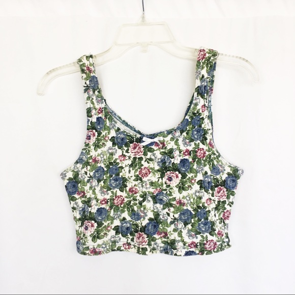 Vintage Tops - Vintage floral ribbed stretch cotton crop top L